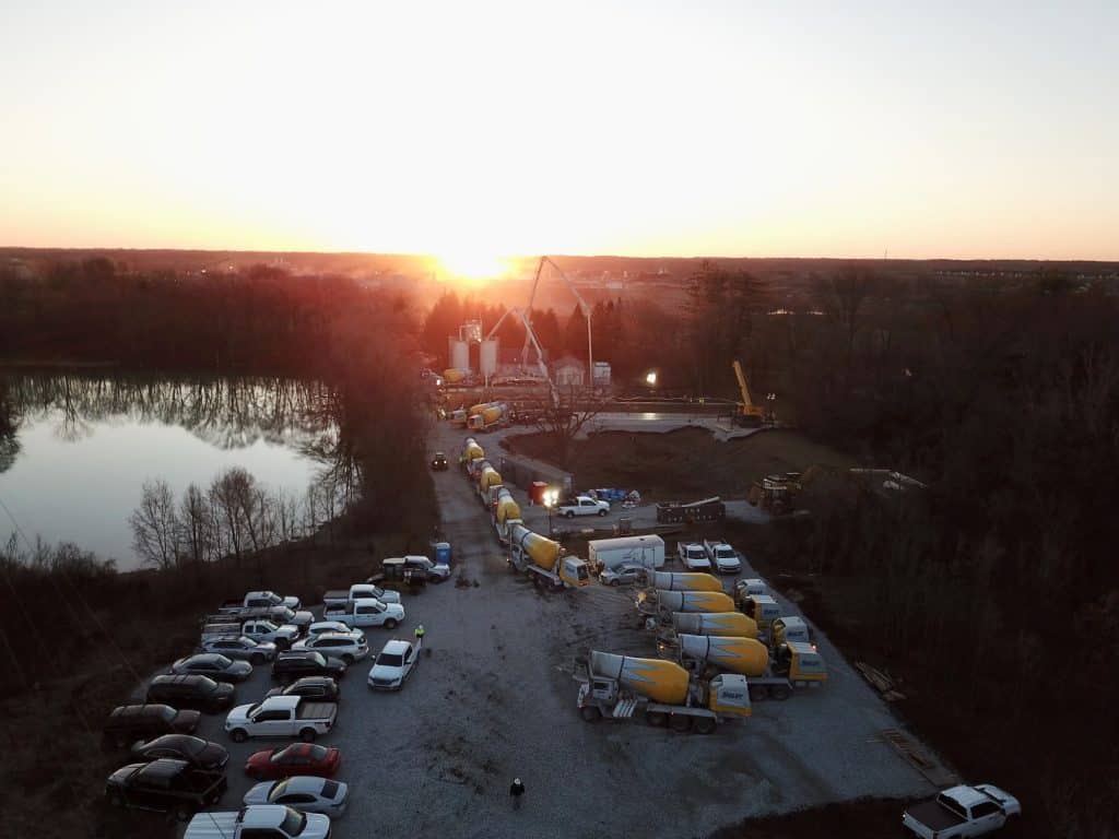 Concrete trucks lined up to deliver ready mix in Noblesville